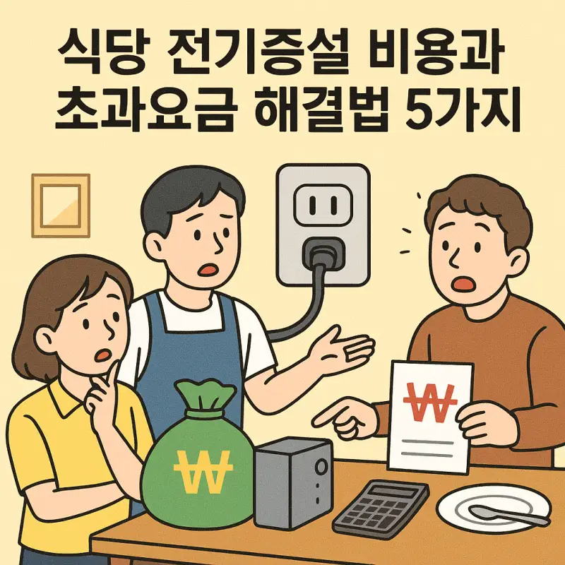 식당 전기증설 비용과 초과요금 문제 해결을 위한 5가지 방법을 안내하는 정보 그래픽