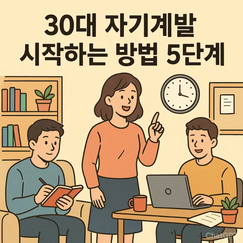 30대 자기계발을 위해 책을 읽고 계획을 세우는 성인의 모습을 보여주는 가이드 이미지