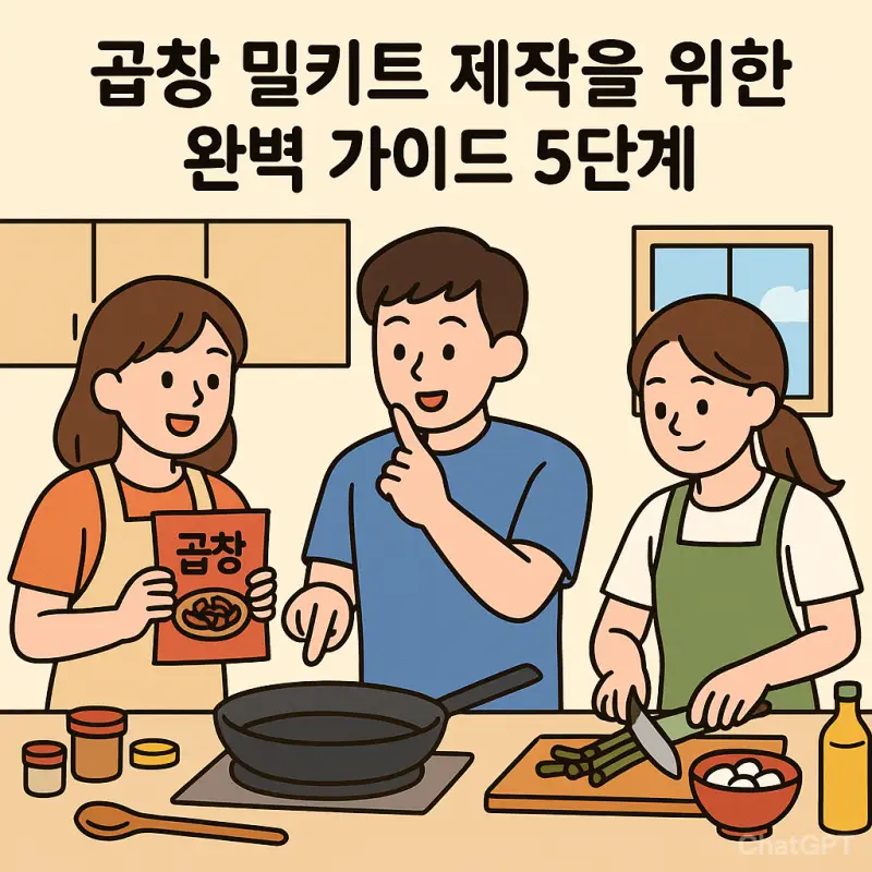 곱창 밀키트 제작 과정에 필요한 재료와 포장 용기를 보여주는 요리 가이드 이미지