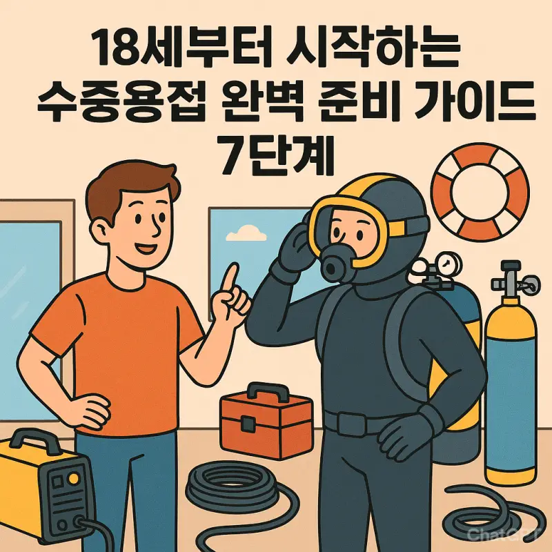 수중용접 작업자가 물속에서 용접 장비를 사용하는 모습을 보여주는 직업 가이드 이미지