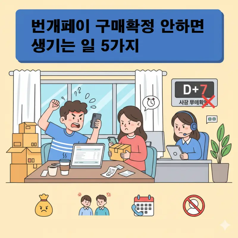 번개페이 구매확정 안하면 발생하는 문제점 5가지를 설명하는 안내 이미지