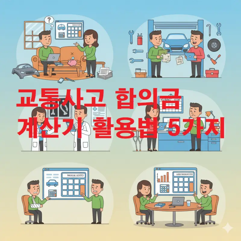교통사고 합의금 계산기를 사용하여 보상금을 산정하는 과정을 보여주는 정보 썸네일