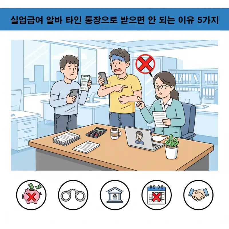 실업급여 알바 타인 통장으로 받을 때 발생하는 문제점을 경고하는 안내 이미지