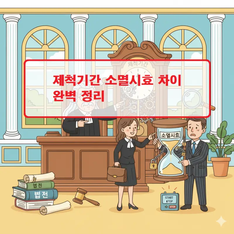 제척기간 소멸시효 차이를 비교 설명하는 법률 정보 인포그래픽으로 두 개념의 특징을 표로 정리