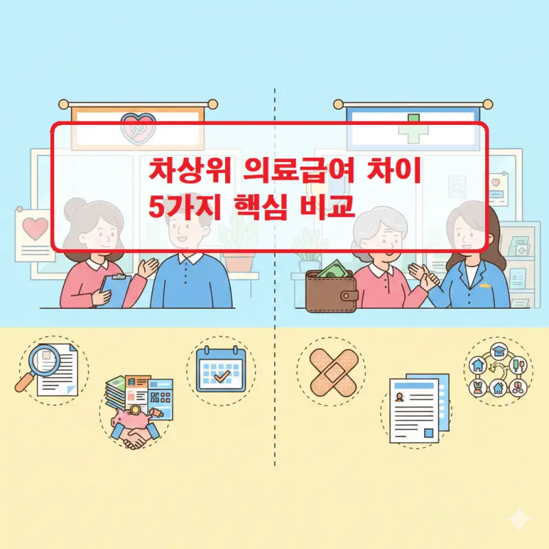 차상위 의료급여 차이를 5가지 핵심 항목으로 비교 설명하는 복지 정보 썸네일