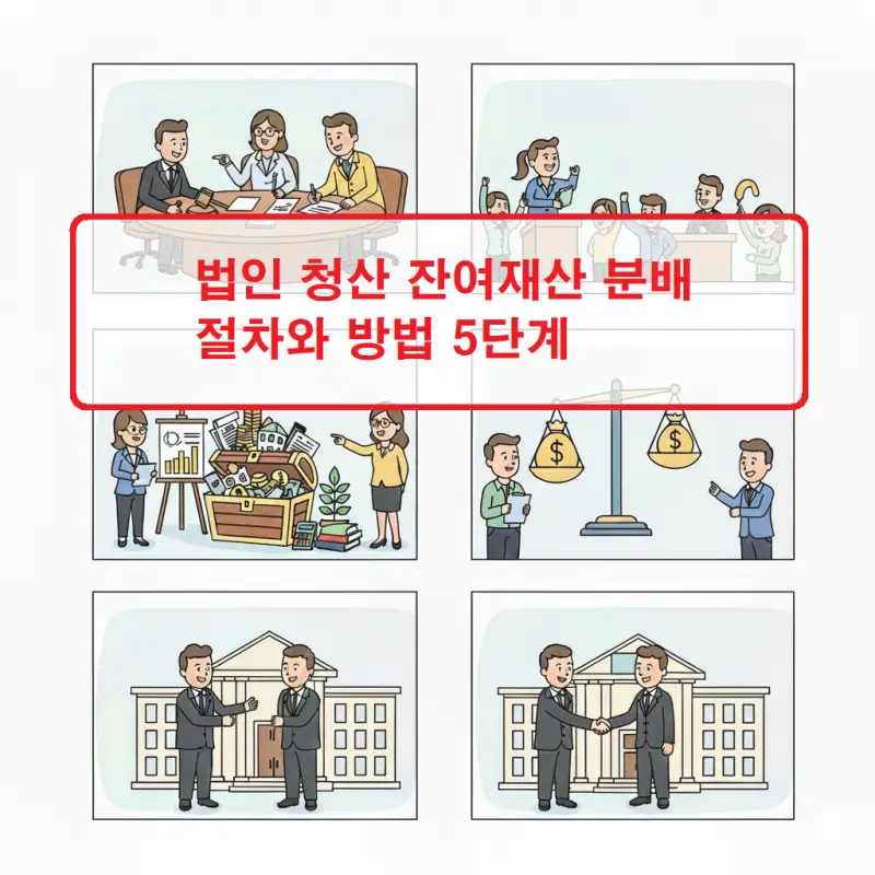 법인 청산 잔여재산 분배 절차를 5단계로 설명하는 인포그래픽