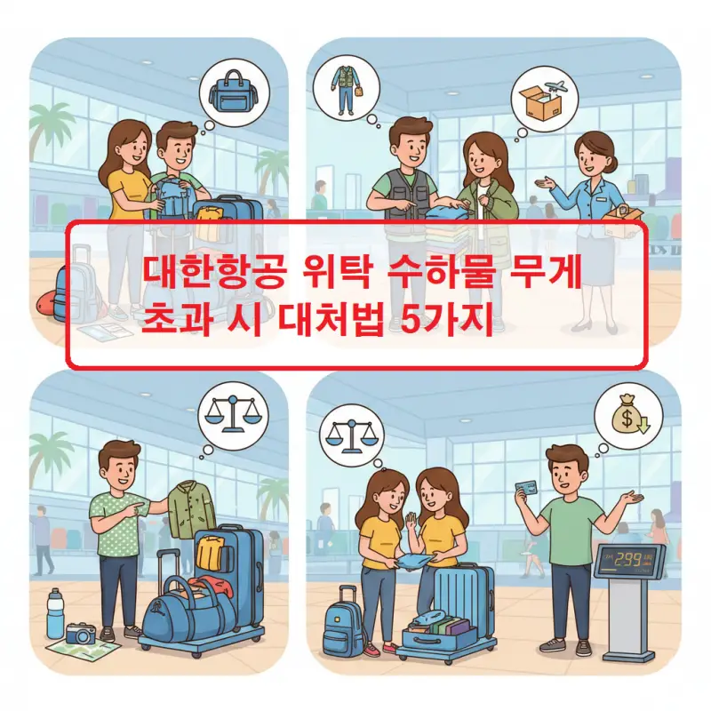 대한항공 위탁 수하물 무게 초과 시 추가 요금 및 대처 방법을 안내하는 여행 정보 이미지