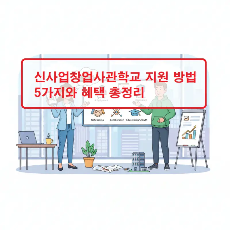 신사업창업사관학교 지원 절차와 창업 지원 혜택을 안내하는 인포그래픽 이미지