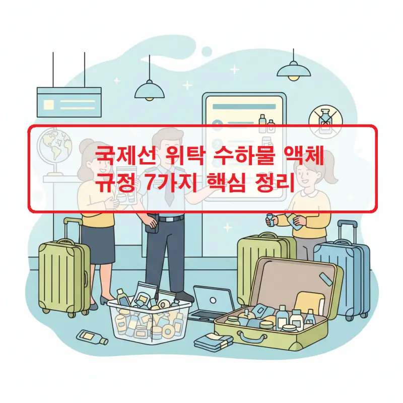 국제선 위탁 수하물 액체 규정을 안내하는 7가지 핵심 항목이 정리된 여행 가이드 이미지