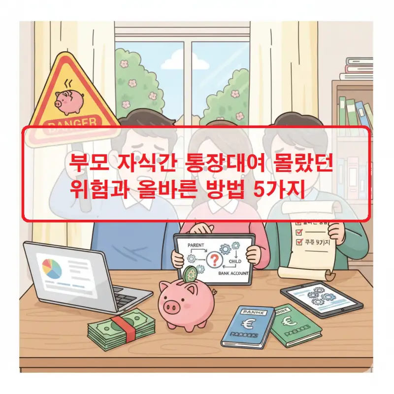 부모 자식간 통장대여의 법적 위험성과 올바른 금융거래 방법을 설명하는 금융 정보 이미지