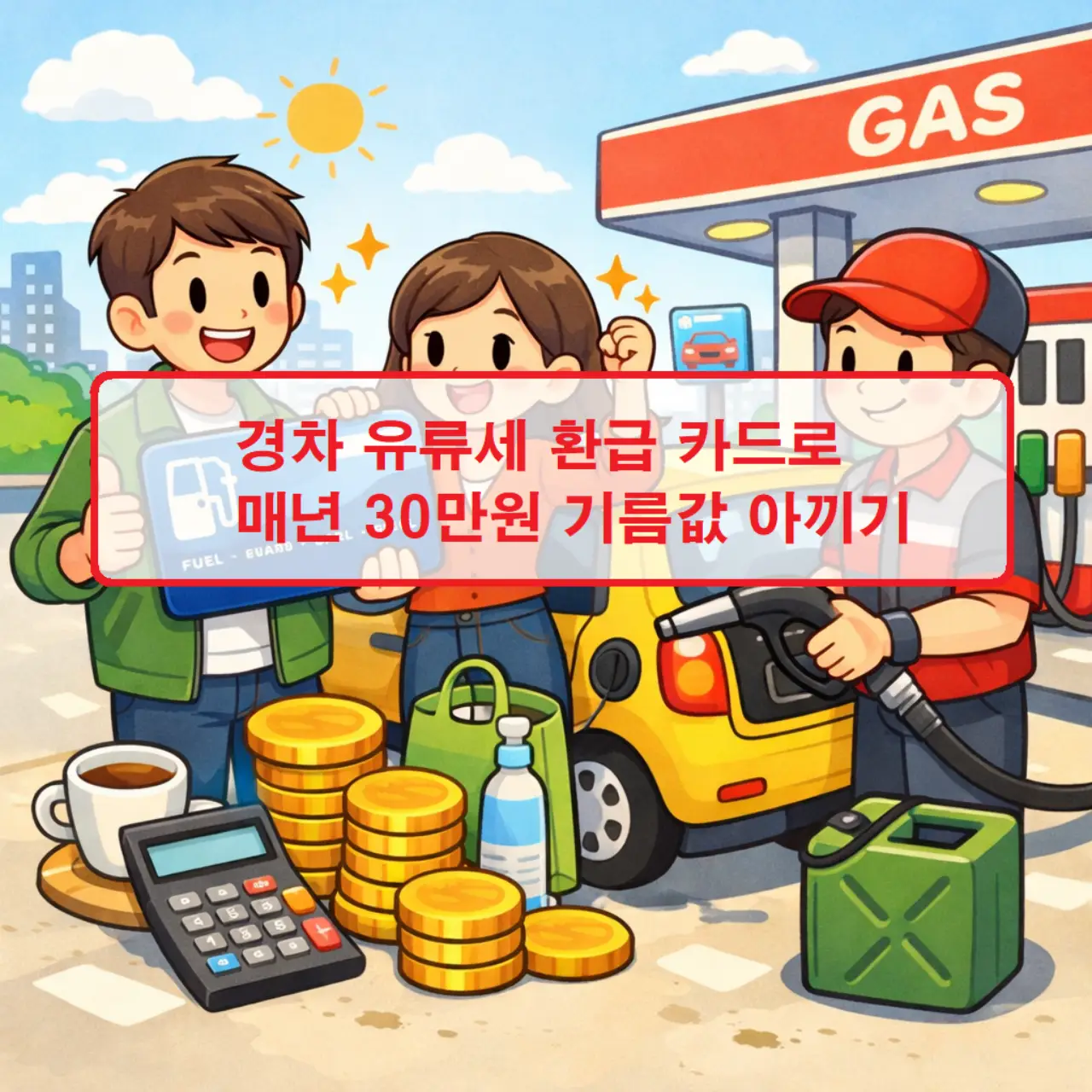주유소에서 경차에 기름을 넣으며 경차 유류세 환급 카드로 결제하여 할인 혜택을 받는 모습