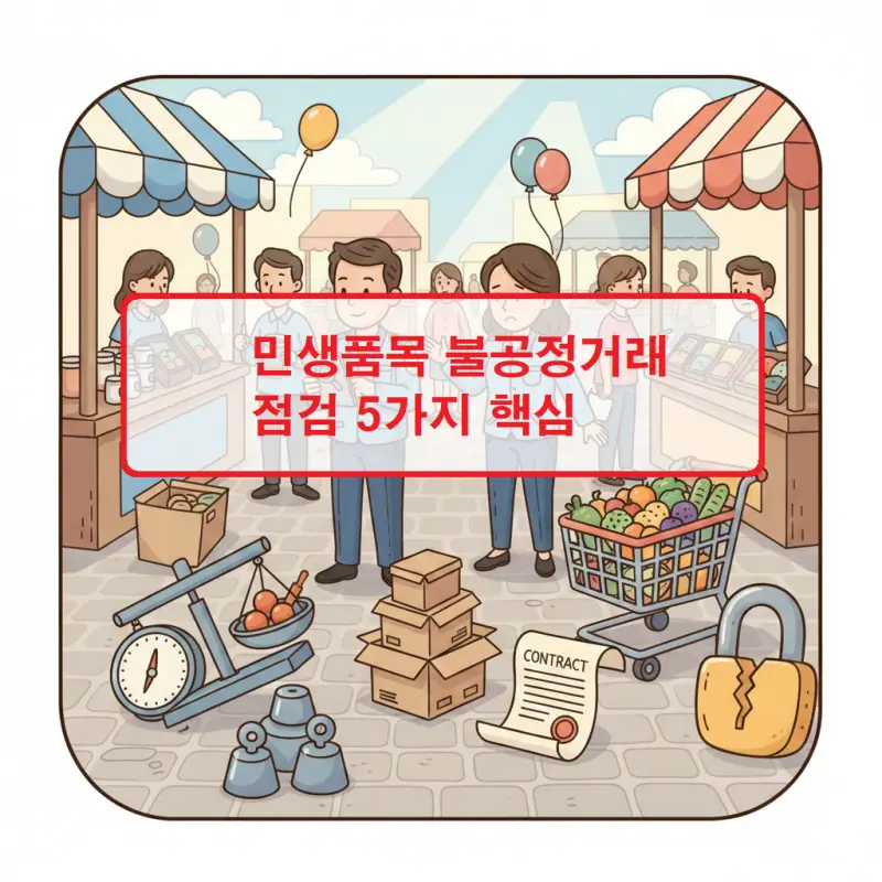 민생품목 불공정거래 점검 5가지 핵심 사항을 설명하는 인포그래픽 썸네일