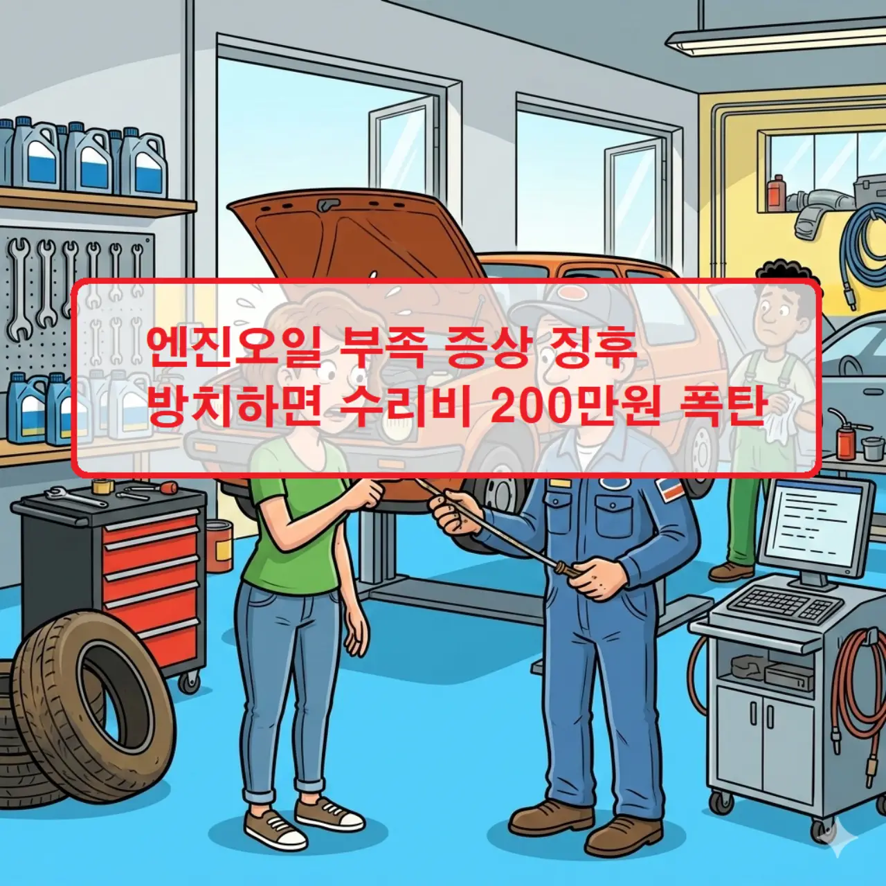 자동차 계기판에 엔진오일 부족 증상 징후를 알리는 경고등이 점등된 모습