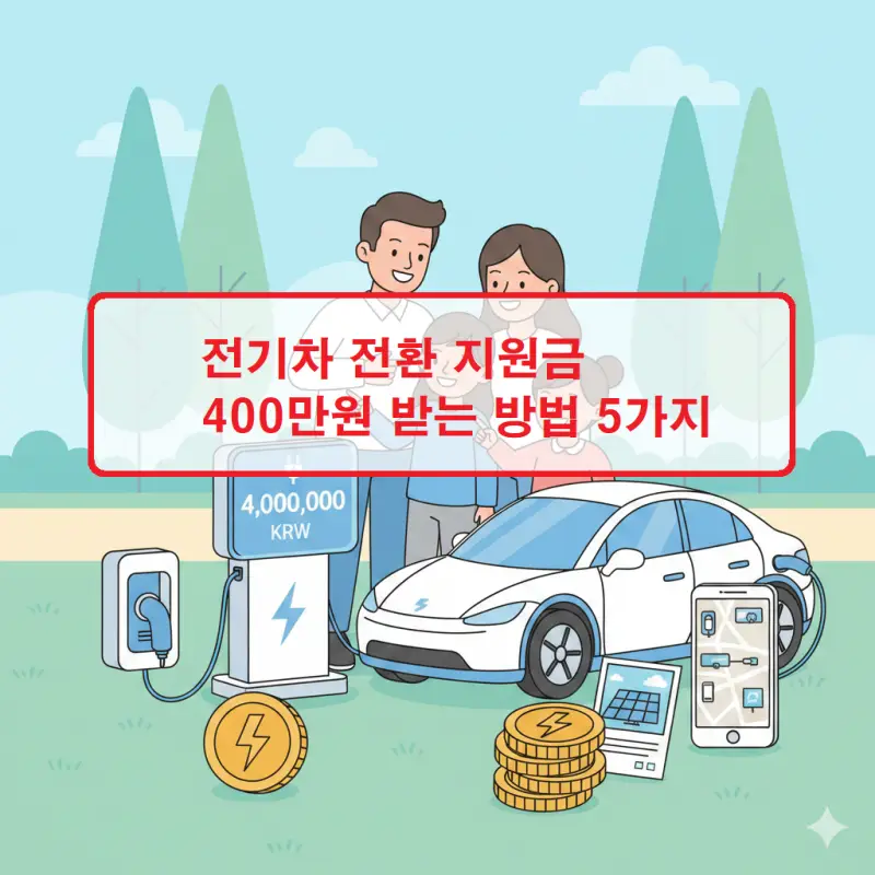 내연기관차를 전기차로 바꿀 때 최대 400만 원의 전기차 전환 지원금을 받는 5단계 신청 절차를 보여주는 정보성 이미지