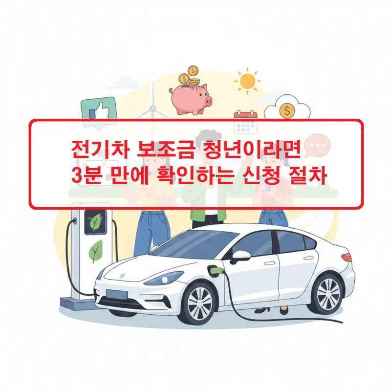 전기차 보조금 신청 절차를 청년이 스마트폰으로 빠르게 확인하는 모습을 담은 안내 썸네일