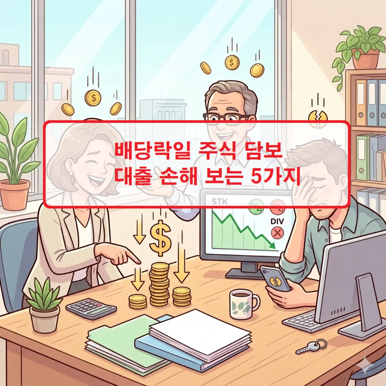 배당락일 주식 담보 대출 시 주가 하락으로 인한 담보 부족 위험을 경고하는 주식 그래프 이미지