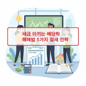세금 아끼는 배당락 매매법을 설명하기 위해 주가 지수 그래프와 세금 계산기, 배당 통지서가 놓인 책상