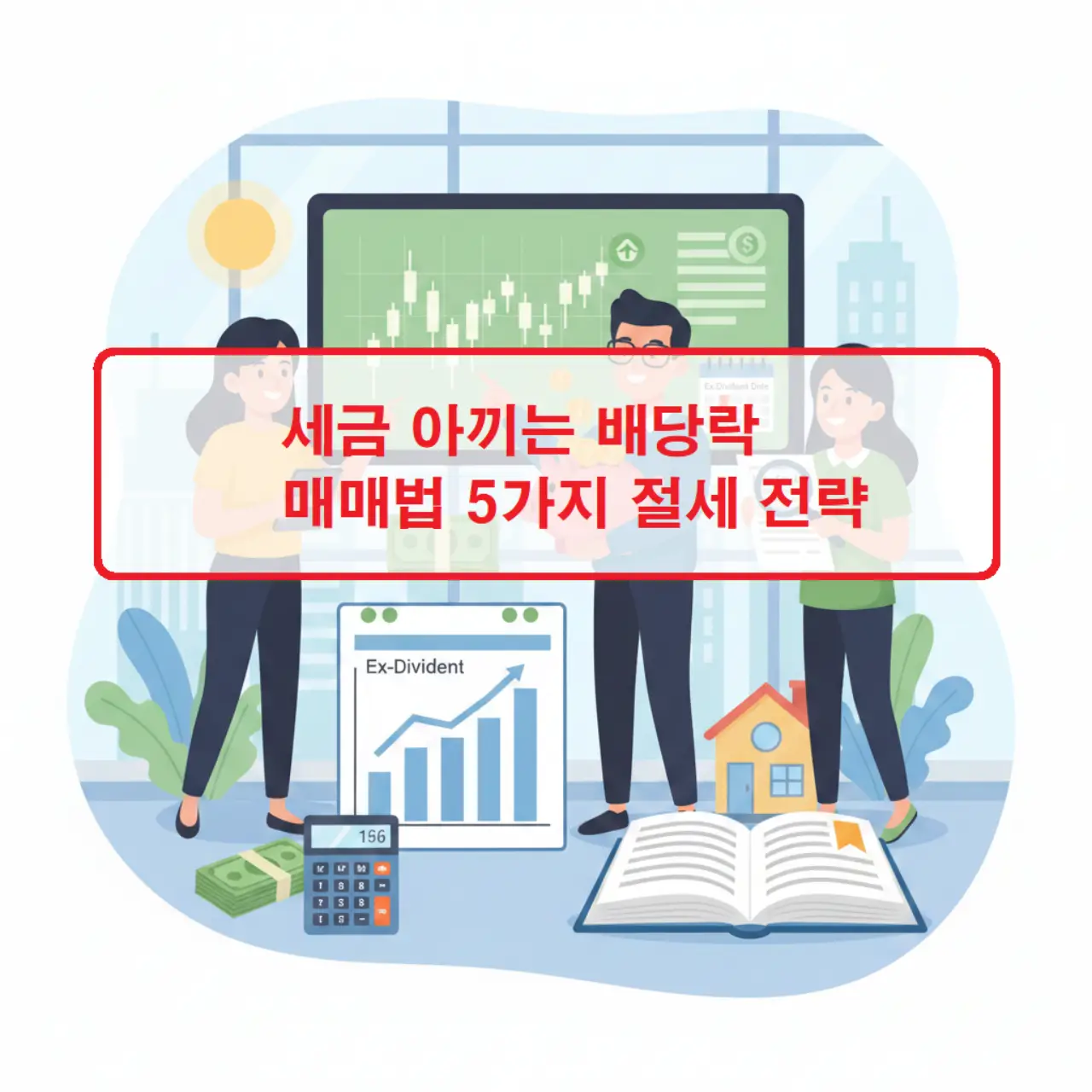 세금 아끼는 배당락 매매법을 설명하기 위해 주가 지수 그래프와 세금 계산기, 배당 통지서가 놓인 책상