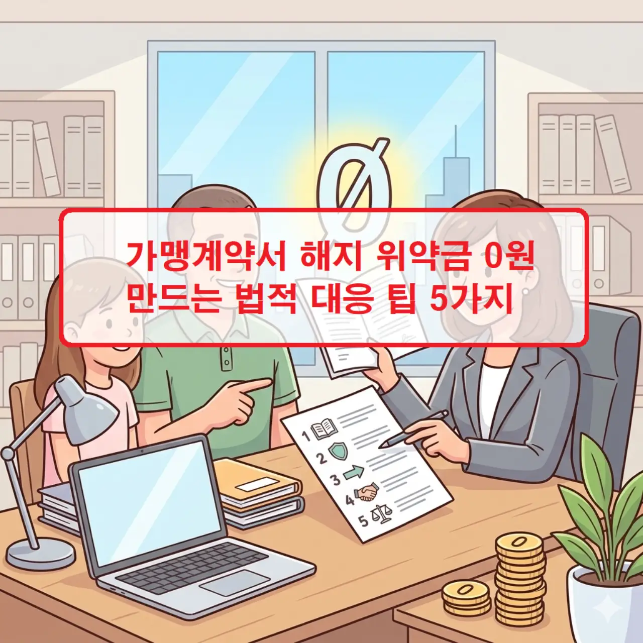 가맹계약서 해지 위약금 조항을 면밀히 검토하며 법적 대응 전략을 세우는 전문가의 모습