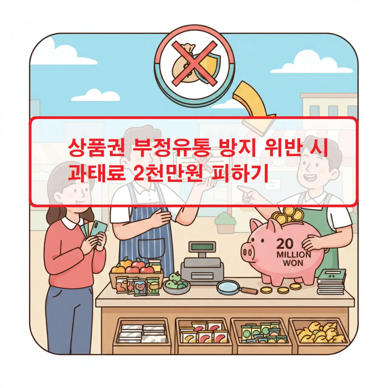 상품권 부정유통 방지 수칙을 위반하여 과태료 2천만 원이 부과되는 상황을 경고하는 안내 이미지