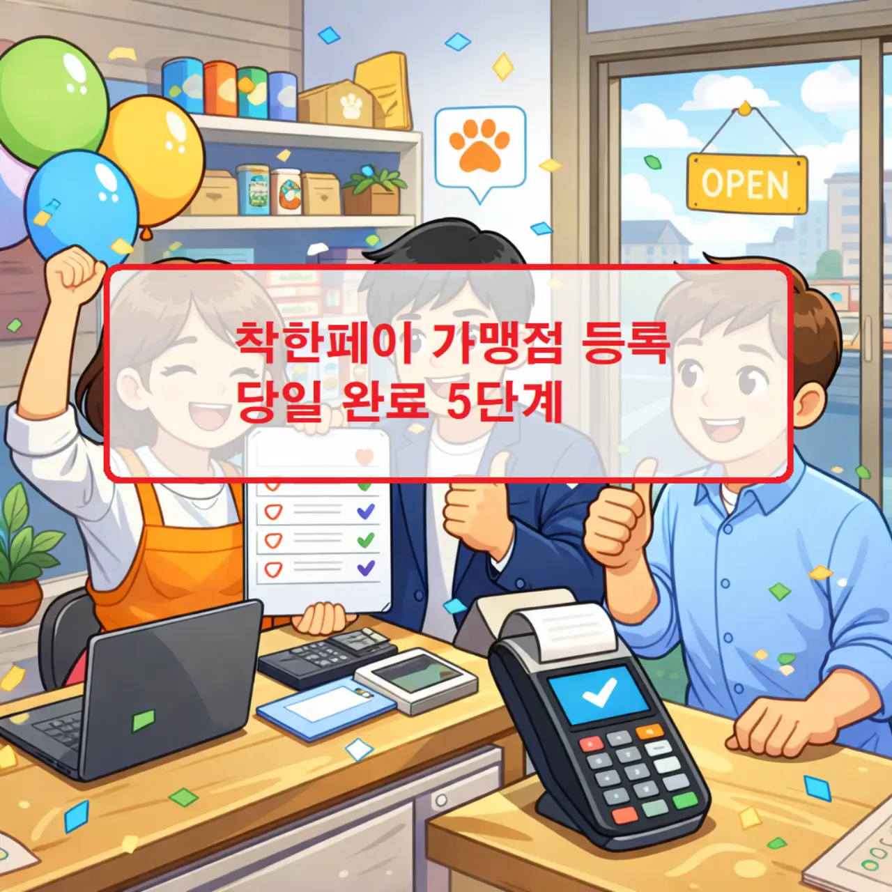 착한페이 가맹점 등록 절차를 5단계로 정리하여 당일 완료 방법을 안내하는 정보성 이미지