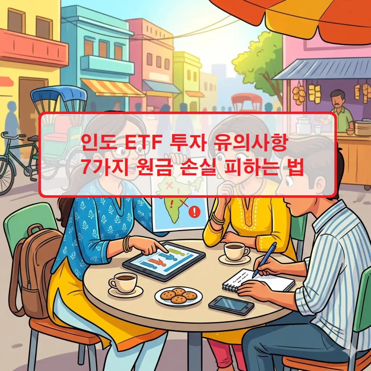 인도 증시 지수 그래프와 함께 인도 ETF 투자 유의사항인 환율 변동성 및 높은 밸류에이션을 경고하는 인포그래픽