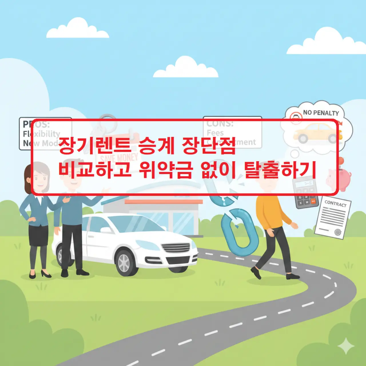 장기렌트 승계 장단점을 비교 분석하고 위약금 없이 계약을 탈출하는 방법을 안내하는 자동차 렌트 정보 이미지
