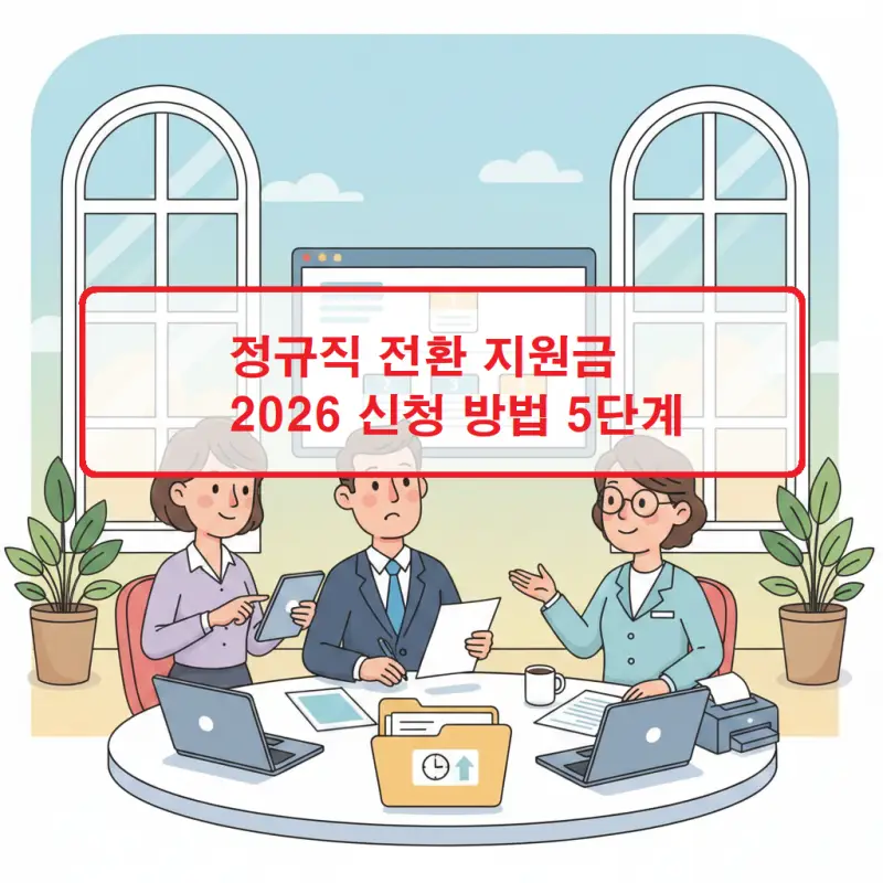 2026년 정규직 전환 지원금 신청 방법 5단계를 설명하는 깔끔한 인포그래픽 형태의 비즈니스 썸네일