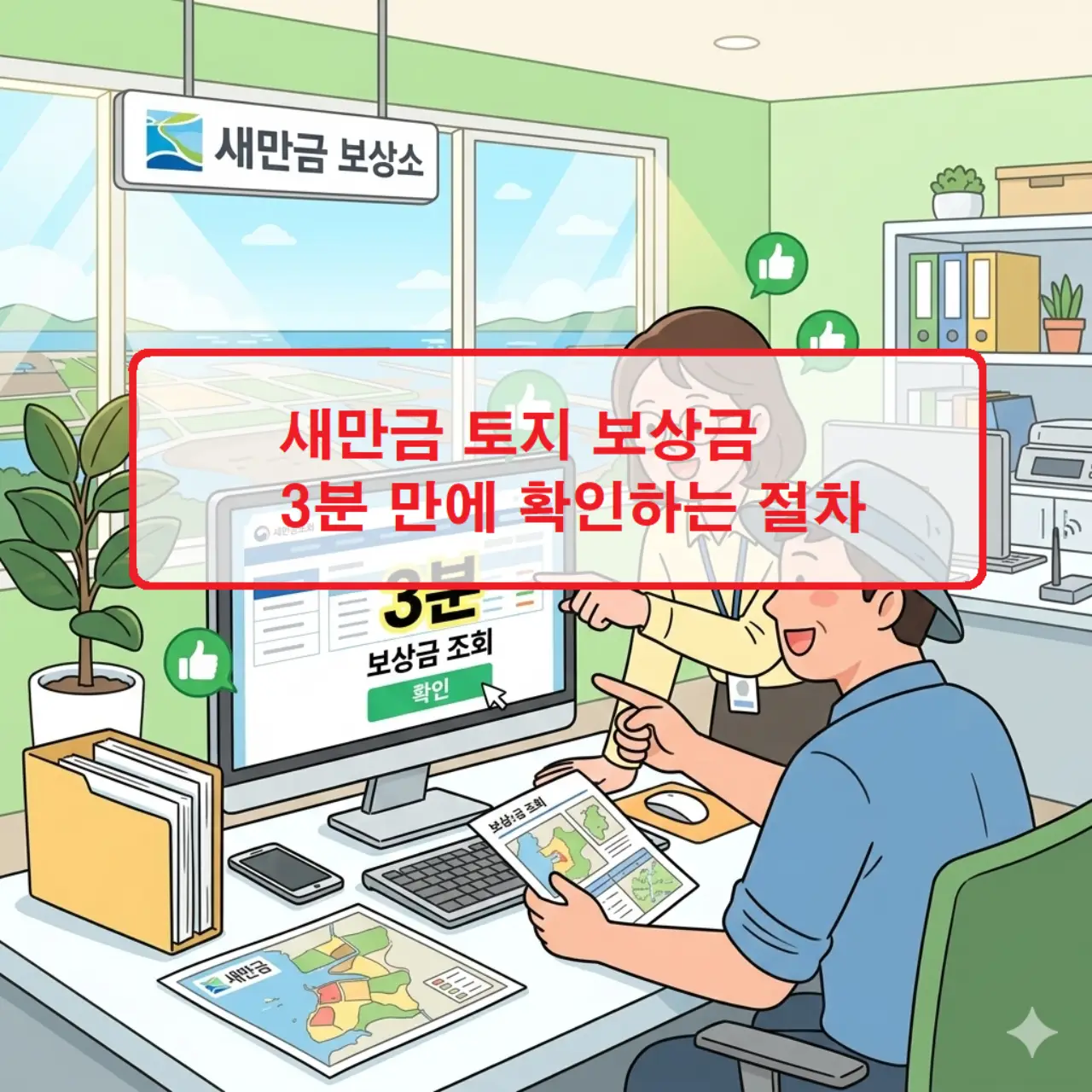 새만금 개발 계획 지도와 함께 새만금 토지 보상금 조회 시스템을 보여주는 디지털 화면