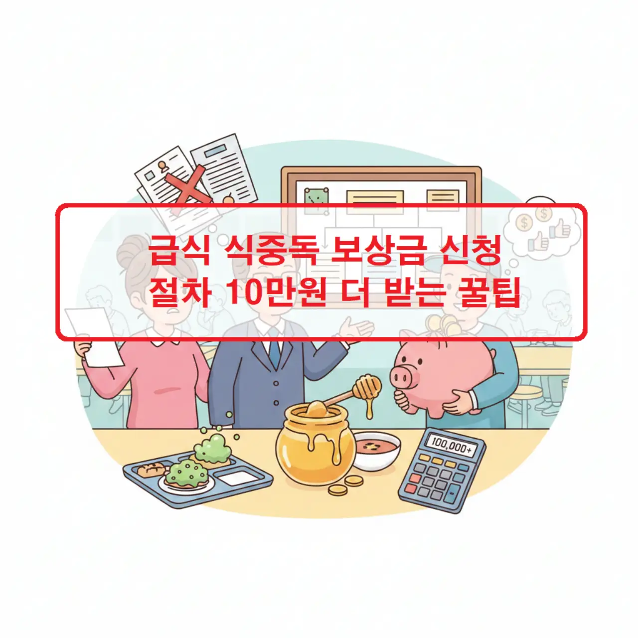 급식 식중독 보상금 신청 절차와 추가 보상 꿀팁을 안내하는 정보성 썸네일 이미지