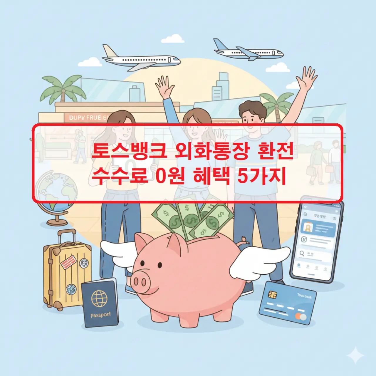 토스뱅크 외화통장 환전 수수료 0원 혜택을 강조하며 여러 국가의 화폐와 체크카드가 놓여 있는 깔끔한 금융 이미지