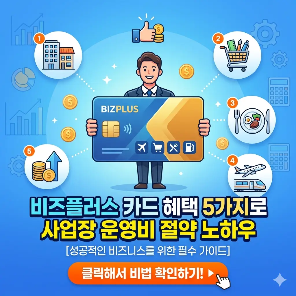 비즈플러스 카드 혜택 5가지를 소개하는 사업장 운영비 절약 정보 이미지