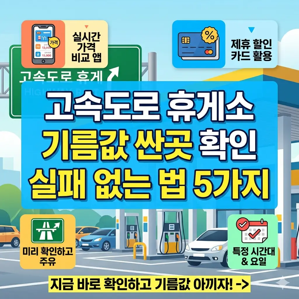 고속도로 휴게소 기름값 싼곳을 찾기 위해 가격 표지판과 스마트폰 앱을 확인하는 운전자의 모습