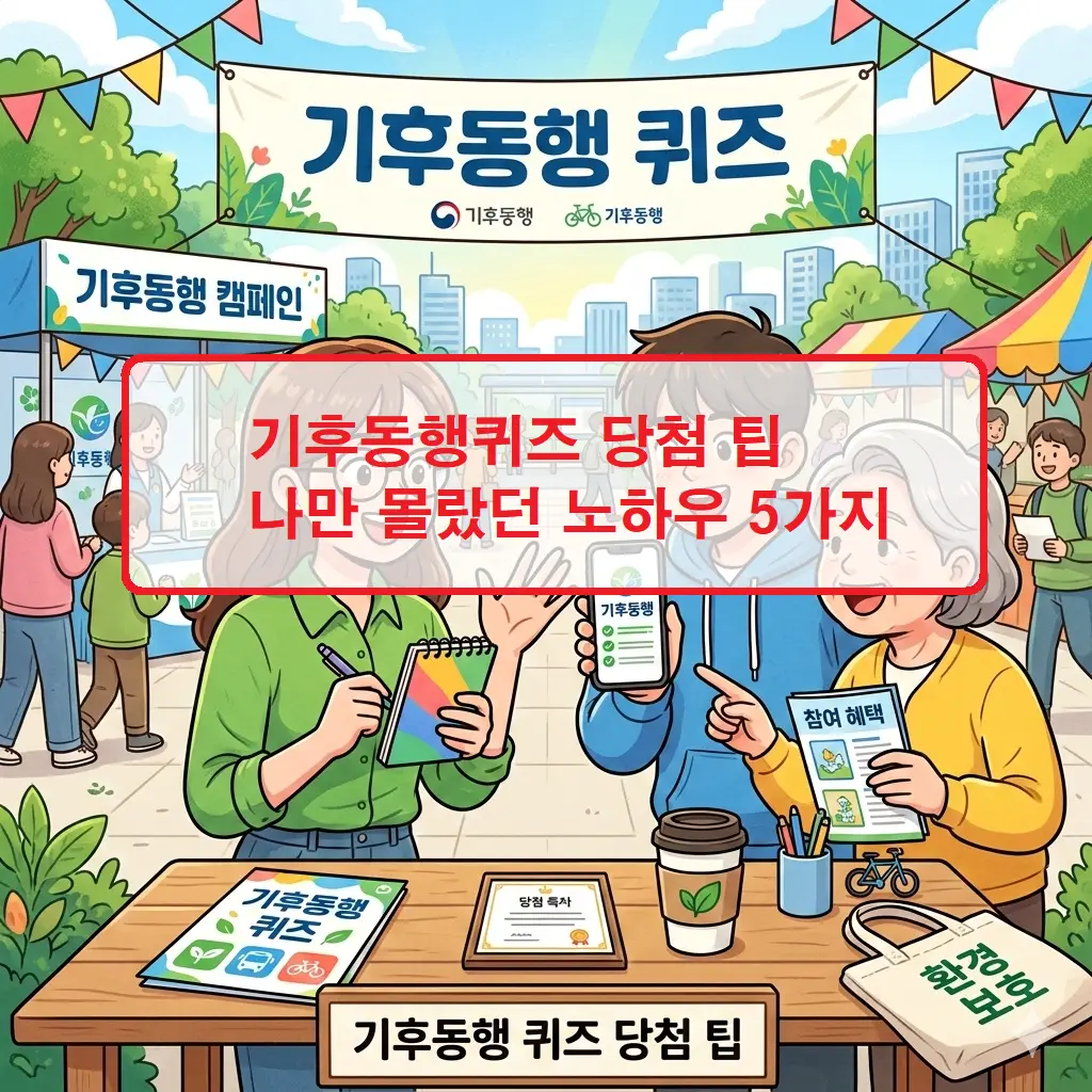기후동행카드 관련 기후동행퀴즈 당첨 팁 5가지와 이벤트 참여 화면을 시각적으로 정리한 안내 이미지