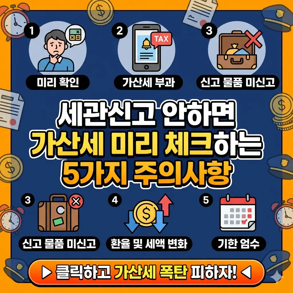 세관신고 안하면 가산세 부과 위험을 미리 체크하는 5가지 주의사항을 정리한 여행 세금 정보 콘텐츠 썸네일
