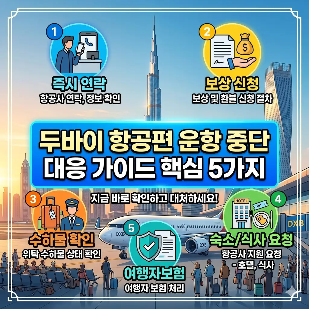 두바이 항공편 운항 중단 시 승객이 취해야 할 핵심 대응 가이드를 설명하는 안내 이미지