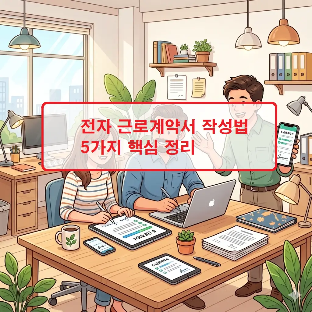 스마트폰과 태블릿을 이용해 법적 효력이 있는 전자 근로계약서 작성법을 확인하고 서명하는 모습