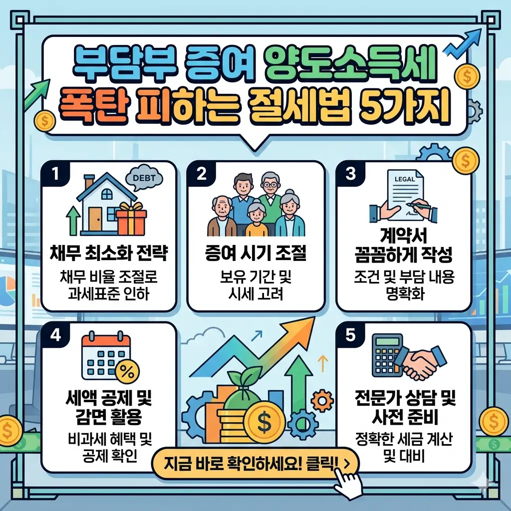 부담부 증여 양도소득세 부담을 줄이는 절세 전략 5가지를 안내하는 세금 정보 썸네일