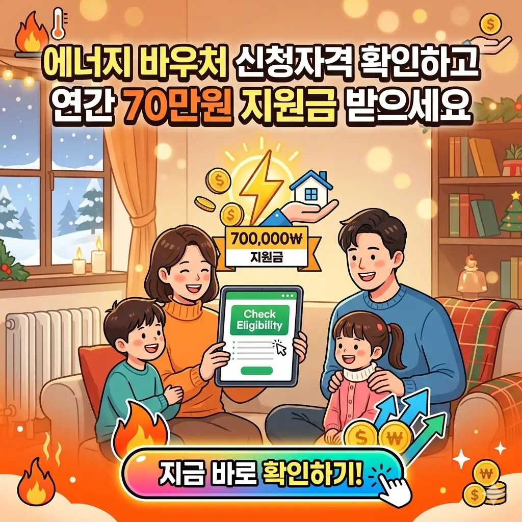 에너지 바우처 신청자격을 확인하고 연간 최대 70만 원의 지원금을 받을 수 있는 대상자 안내 이미지