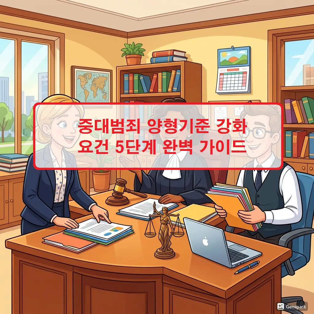 법원이 선고 형량을 결정할 때 적용하는 중대범죄 양형기준 강화 요건 5단계를 정리한 가이드 이미지