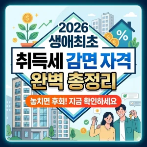 2026년 업데이트된 생애최초 취득세 감면 자격 조건과 혜택을 정리한 인포그래픽 이미지