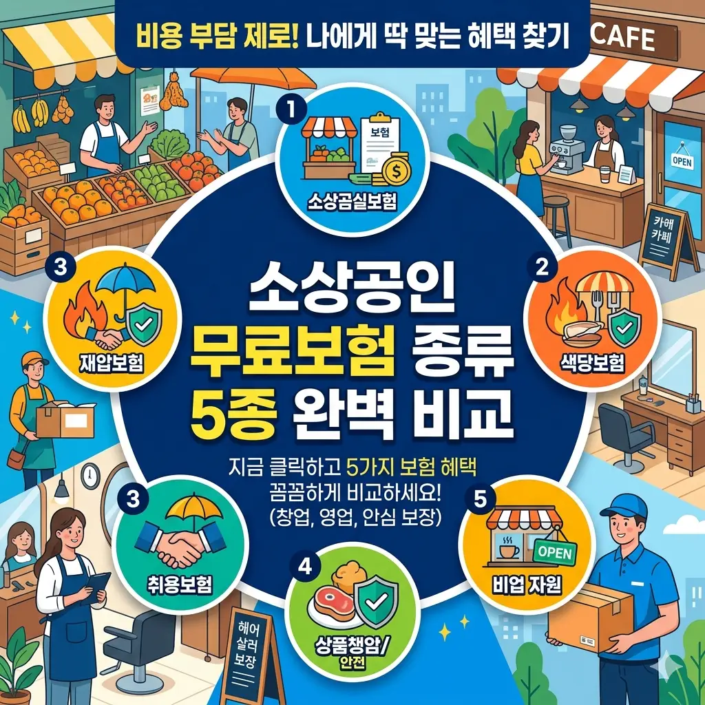 소상공인 무료보험 종류 5가지를 한눈에 비교하고 혜택을 정리한 정책 안내 이미지