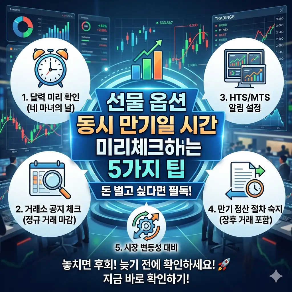 선물 옵션 동시 만기일 시간을 미리 체크하는 5가지 투자 팁을 안내하는 금융 정보 이미지