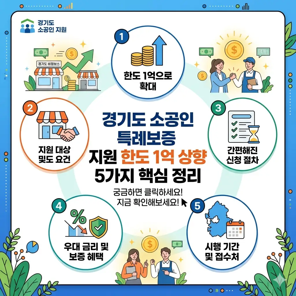 경기도 소공인 특례보증 지원 한도가 1억 원으로 상향된 소식을 전하는 정책 홍보 이미지