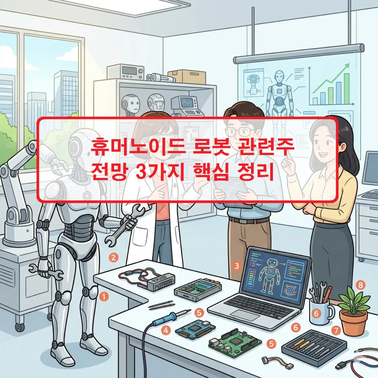 미래 산업의 핵심인 휴머노이드 로봇 관련주 전망 3가지를 분석하고 투자 전략을 제시하는 인포그래픽