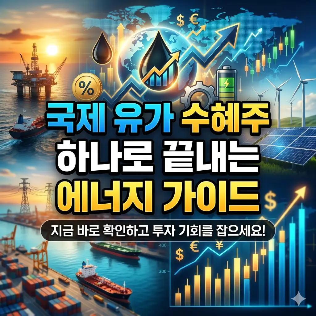 에너지 관련 주식 차트와 석유 시추 시설을 배경으로 국제 유가 수혜주 투자 전략을 설명하는 이미지