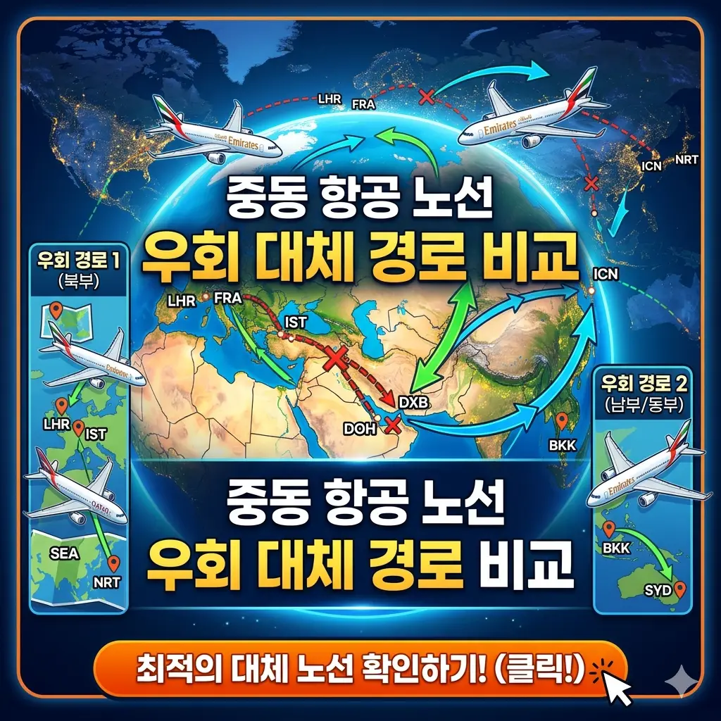 중동 항공 노선 우회로 인해 기존 항로 대신 중앙아시아나 아프리카로 변경된 대체 경로 비교 지도