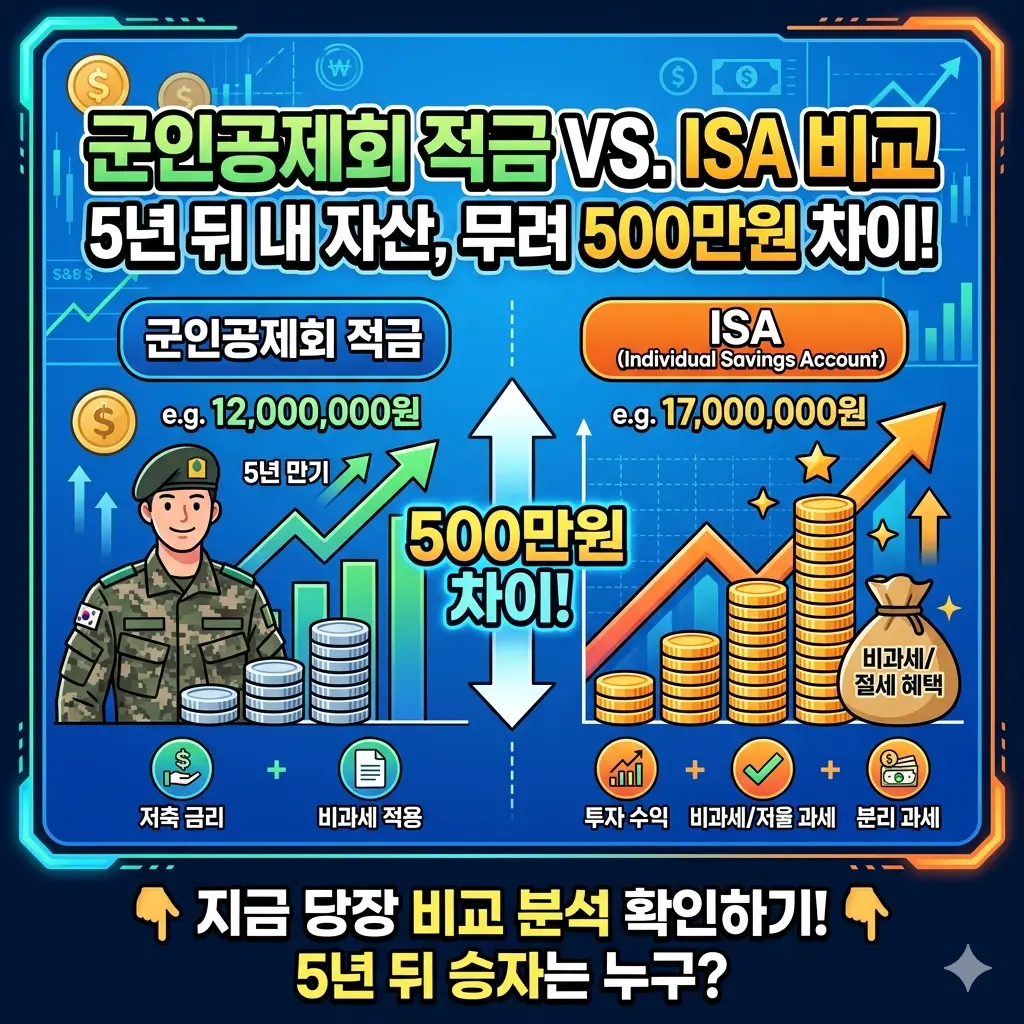 군인공제회 적금 ISA 비교를 통해 5년 후 예상 자산 수익률 차이를 분석하는 금융 정보 이미지