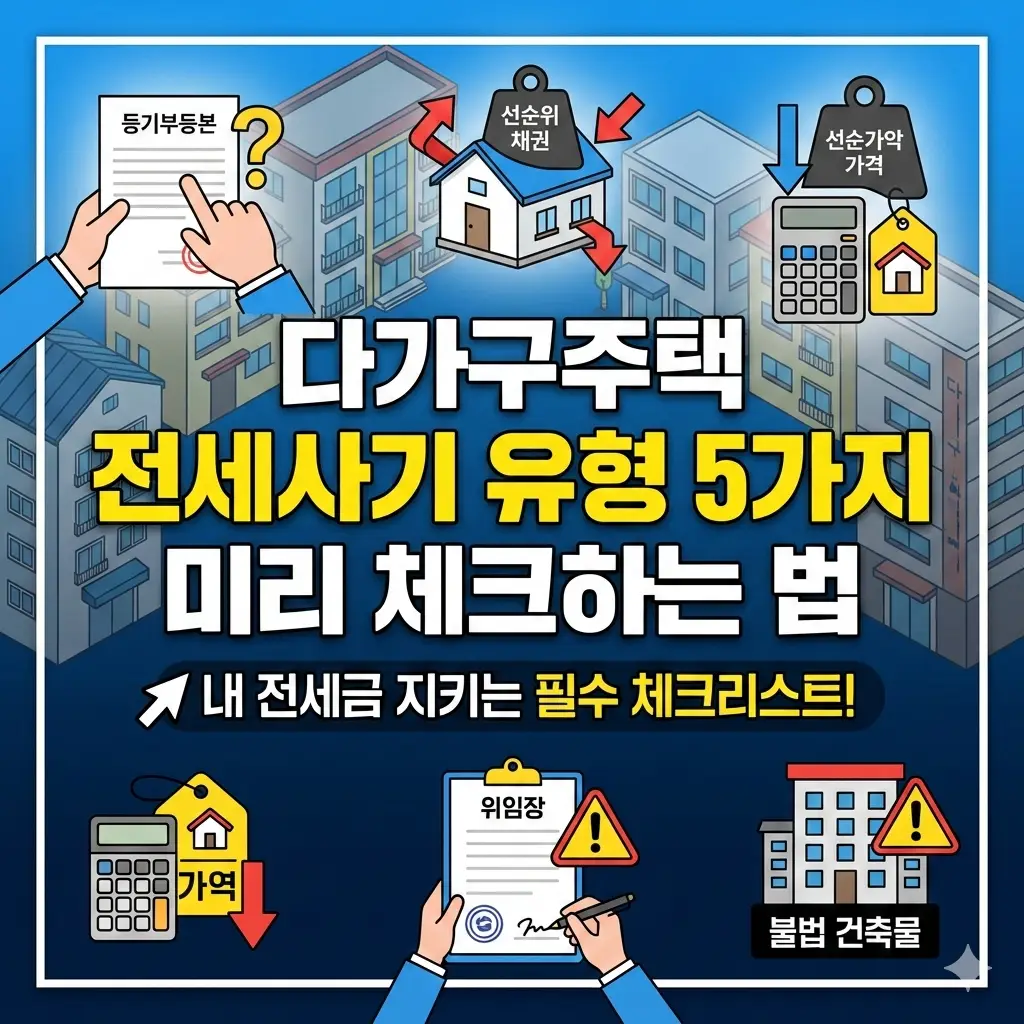 다가구주택 전세사기 유형 5가지를 미리 확인하고 피해를 예방하는 방법을 안내하는 부동산 콘텐츠 썸네일