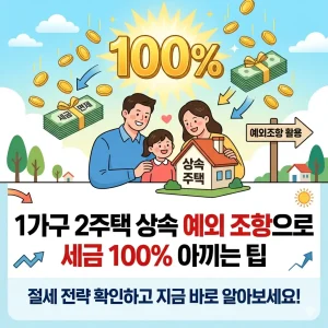 1가구 2주택 상속 예외 조항을 활용해 세금을 100% 절약하는 방법을 안내하는 부동산 세금 정보 썸네일